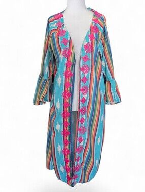L&B South Western Bright Turquoise Multicolor Striped Embroidered Kimono
